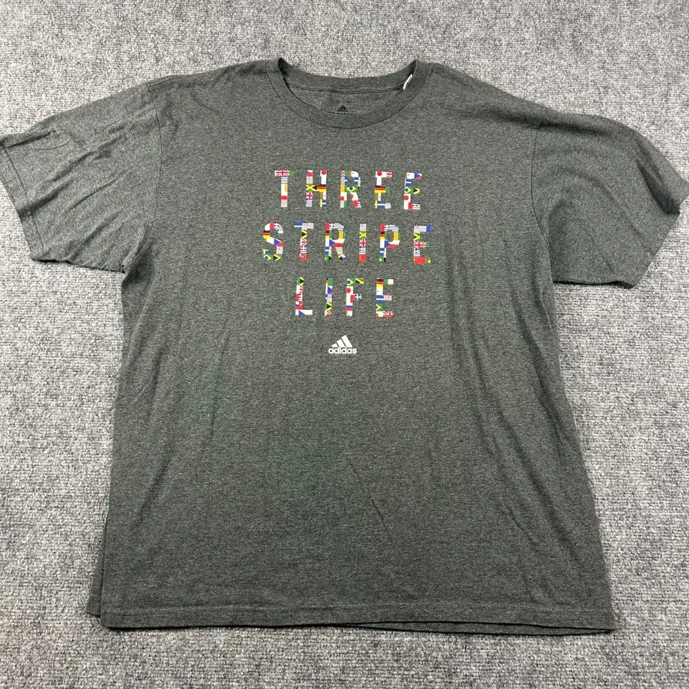 Adidas T-Shirt Mens XL Gray Three Stripe Life International Flags Go-To‎ Tee